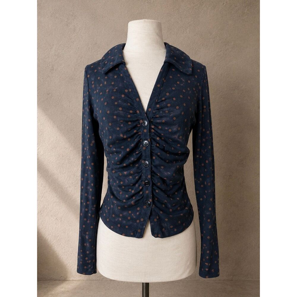 Maeve by Anthropologie Ruched Button-Down Collared Top Polka Dot | Large